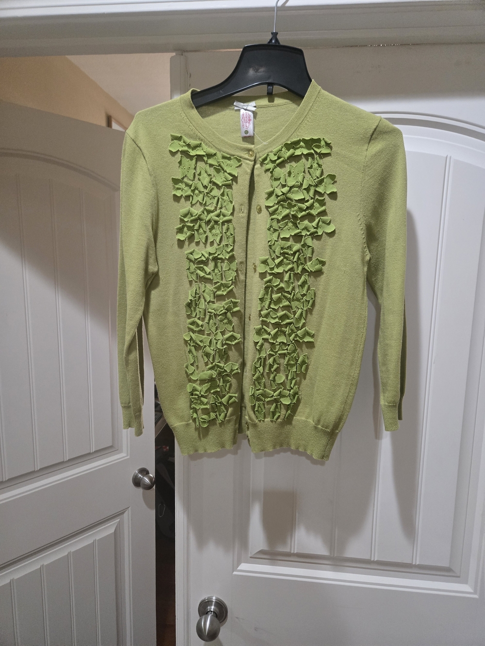 DownEast Lime Green Ruffle-Front Cardigan Size L